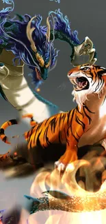 Epic dragon vs tiger battle with flames in dynamic mobile wallpaper.