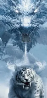 Mythical dragon and tiger in snowy fantasy art.