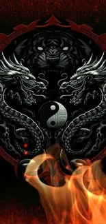 Dragon and tiger design with yin yang and fire on mobile wallpaper.