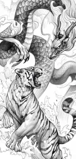 Grayscale artwork of a tiger and dragon facing off.