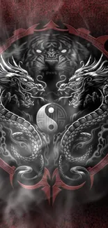 Mobile wallpaper with dragons, tiger, and Yin Yang symbol in red and black.