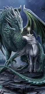 Fantasy art of a dragon and unicorn in a mystical setting.