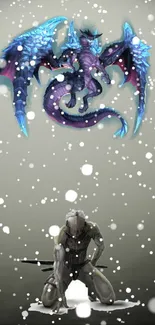 Dragon and warrior crouch in falling snow, creating a mystical fantasy scene.