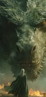 Epic scene of a majestic dragon facing a lone figure in a mystical landscape.