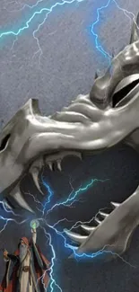 Metallic dragon head with wizard and lightning on phone wallpaper.