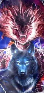 Epic dragon and wolf fantasy art wallpaper, electric and colorful design.