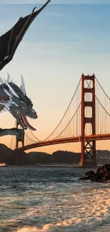 Fantasy dragon flies over Golden Gate Bridge at sunset on a mobile wallpaper.