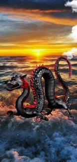 Epic dragon rising from ocean waves at sunset in vibrant wallpaper design.