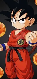 Anime character in red attire with magical spheres background.