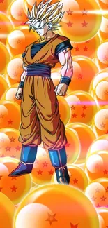 Anime hero posing among glowing Dragon Balls in vibrant wallpaper.