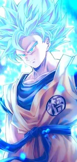 Dragon Ball Super Saiyan with blue aura in anime art style.