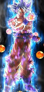 Dynamic Dragon Ball Z character with glowing aura and Dragon Balls.