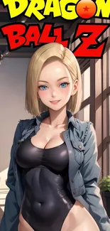 Android 18 in stylish anime art, indoors.