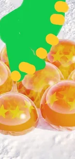 Dragon Balls resting on snow with vibrant colors and star patterns.