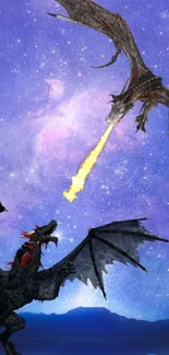 Two dragons engage in battle beneath a vivid star-filled sky.