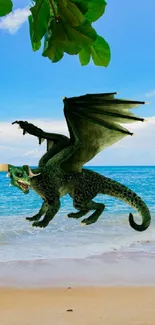 Flying dragon over scenic tropical beach with clear blue skies.