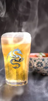 Mobile wallpaper of a steaming dragon-etched beer glass with a dark background.