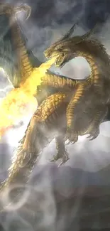 Dragon breathing fire in a mystical landscape.