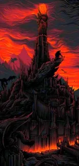 Dark gothic castle with dragons at sunset.