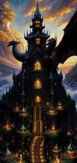 Fantasy dragon castle with dramatic skies.