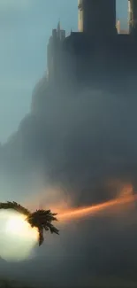 Dragon flies past a dark, misty castle.