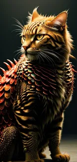 Fantasy wallpaper of a cat with dragon-like scales, ideal for mobile devices.