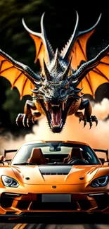 Orange car chased by a dragon in dynamic wallpaper.