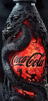 Coca-Cola bottle with dragon design in red and black tones.
