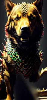 Fantasy art of a mythical dragon dog with vibrant scales and golden hue.