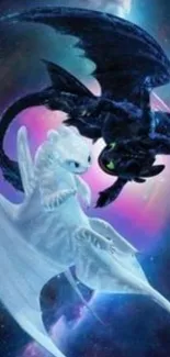 Black and white dragons in cosmic background.
