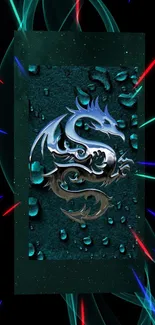 Fantasy dragon emblem wallpaper with dark green hues and vibrant accents.