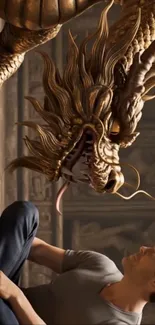 Man facing a large mythical dragon in a fantasy setting.