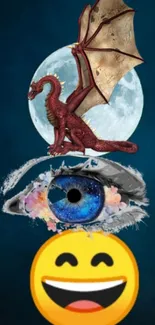 Fantasy wallpaper with dragon, moon, eye, and emoji elements.