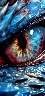 Close-up of a stunning dragon's eye in vibrant hues.