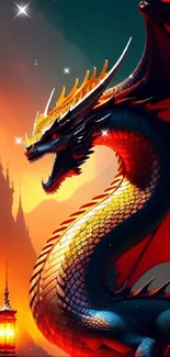 Vibrant dragon with castle backdrop on fantasy art wallpaper.