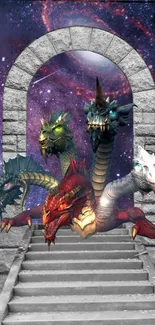 Five-headed dragon in a galaxy-themed fantasy portal.