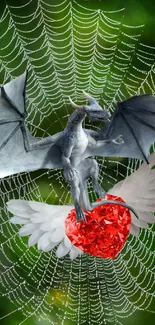 Dragon with crystal heart and spiderweb on green background.