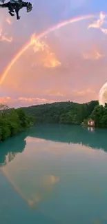 Dragon flies over lake under a rainbow and full moon.