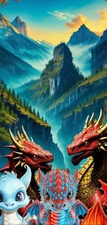 Colorful fantasy dragons with a majestic mountain backdrop, vibrant and enchanting.