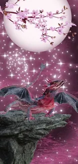 Dragon under moon with cherry blossoms on a magenta night sky wallpaper.