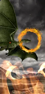 Flying green dragon with fire ring in fantasy landscape.