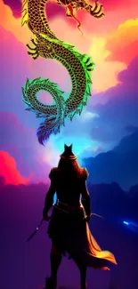 Warrior gazes at dragon in colorful sky.