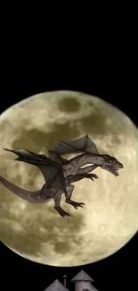 Dragon flying over a full moon with a dark background.