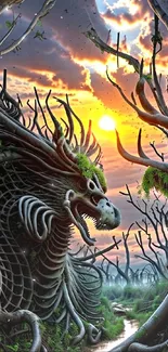 Intricate dragon sculpture amidst a vibrant forest sunset scene.