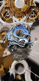 Stunning dragon and gear design mobile wallpaper with blue, gold, and white tones.