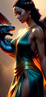 Fantasy artwork of a woman with a dragon, capturing magical elegance.