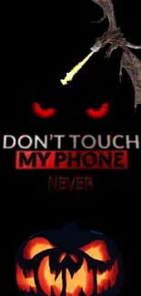 Fiery dragon and pumpkin phone wallpaper with 'Don't Touch My Phone' warning.