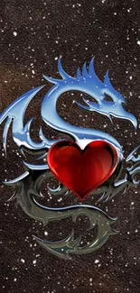 Metallic dragon with red heart on brown background.