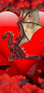 Fantasy dragon perched on red heart wallpaper.