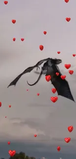 Flying dragon with red hearts on a cloudy sky background.